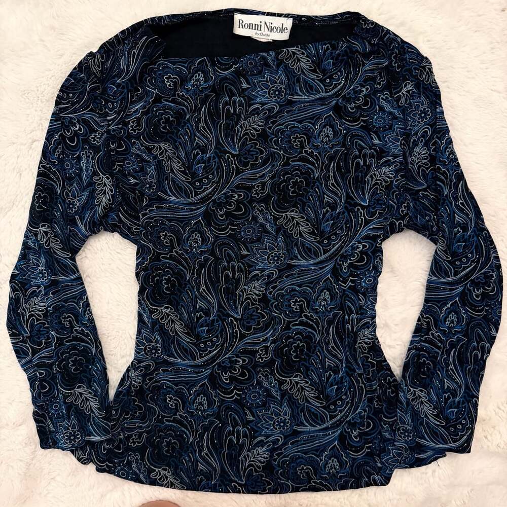 Ronni Nicole by Ouida Long Sleeve Top Blue Black Paisley